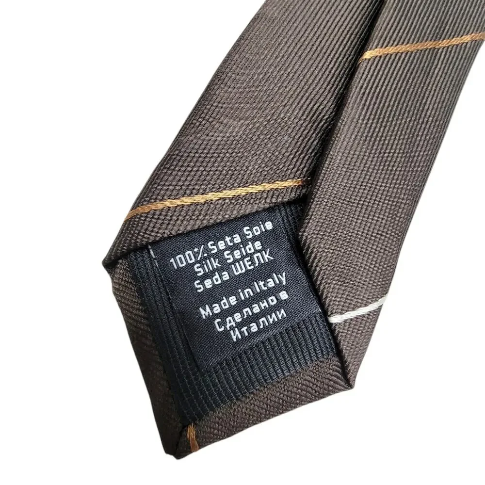 BOSS Hugo Boss Mens Tie Brown White Gold Striped Silk Made in Italy